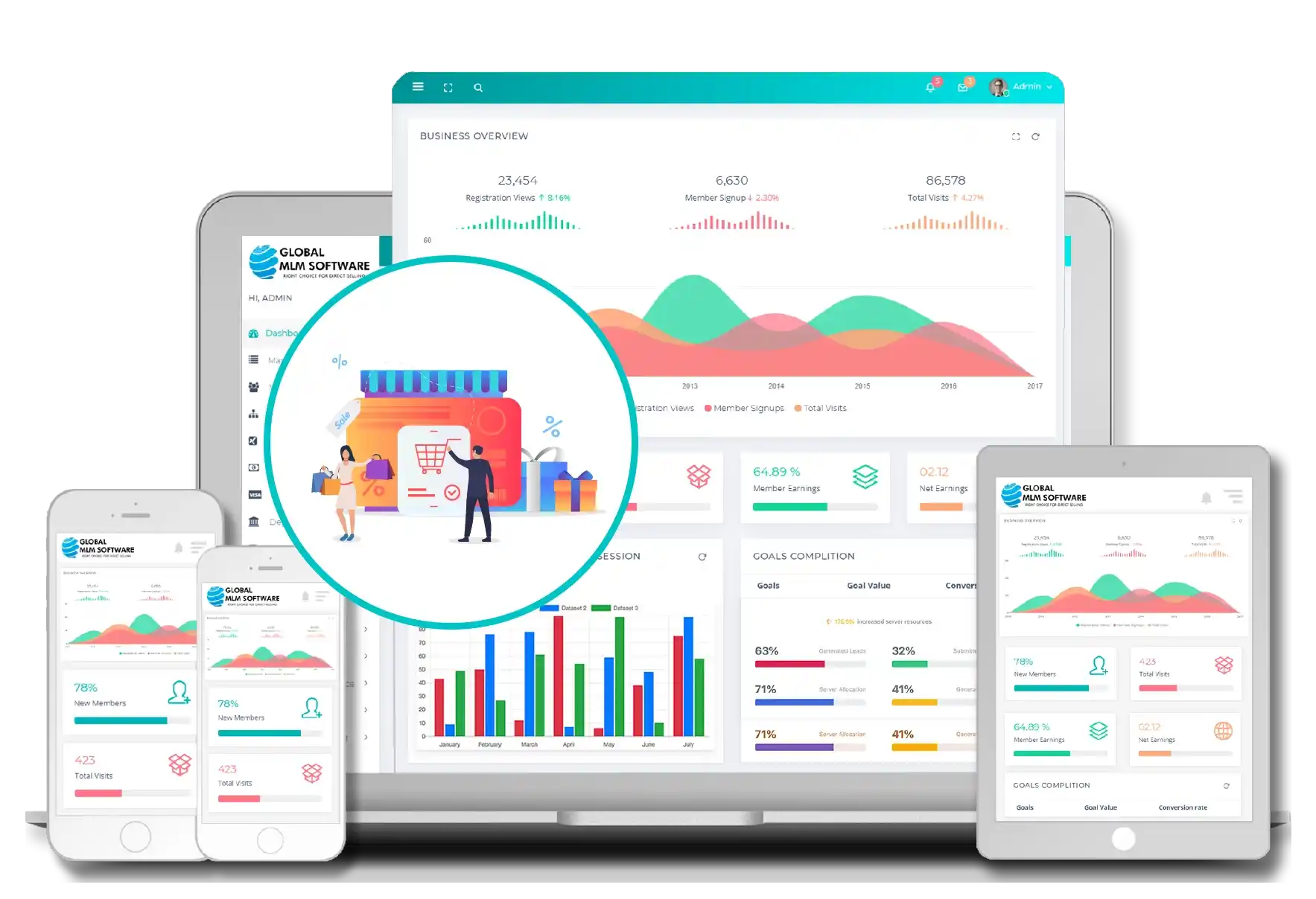 An illustration depicting shopify-mlm-software dashboard